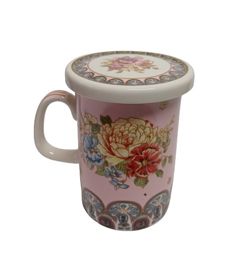 Πορσελάνινη Κούπα Με Καπάκι Pink With Fowers Image 380ml