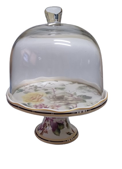 Τουρτιέρα Με Γυάλινο Καπάκι Και Πόδι Floral Flowers Garden 22x21cm