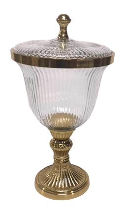 Διακοσμητική Γυάλινη Φοντανιέρα Με Χρυσό Μεταλλικό Καπάκι και Πόδι 18x18x33cm
