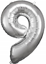 Number Silver giant number foil balloon 9, 83x58 cm