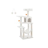 Feandrea Cat Tree, 143 cm Cat Tower for Indoor Cats, Multi-Level Plush Cat Condo with 4 Scratching Posts, 2 Perches, Cave, Hammock, Pompoms, Cream White PCT161T01