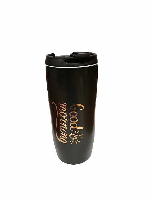 Κούπα Κεραμική με καπάκι 440ml Μαύρη με Χρυσά Γράμματα GoodMorning 35865