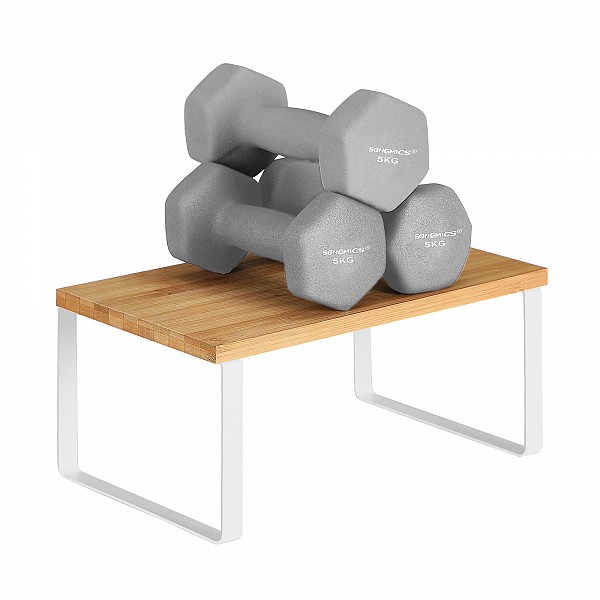 SONGMICS Ραφιέρα Μπαχαρικών Κουζίνας – Σετ 2 Τεμαχίων, Επεκτεινόμενη & Στοιβαζόμενη, Μεταλλική με Μπαμπού, Λευκή/Φυσική KCS02NW