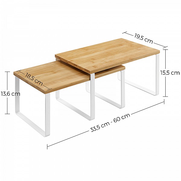 SONGMICS Ραφιέρα Μπαχαρικών Κουζίνας – Σετ 2 Τεμαχίων, Επεκτεινόμενη & Στοιβαζόμενη, Μεταλλική με Μπαμπού, Λευκή/Φυσική KCS02NW