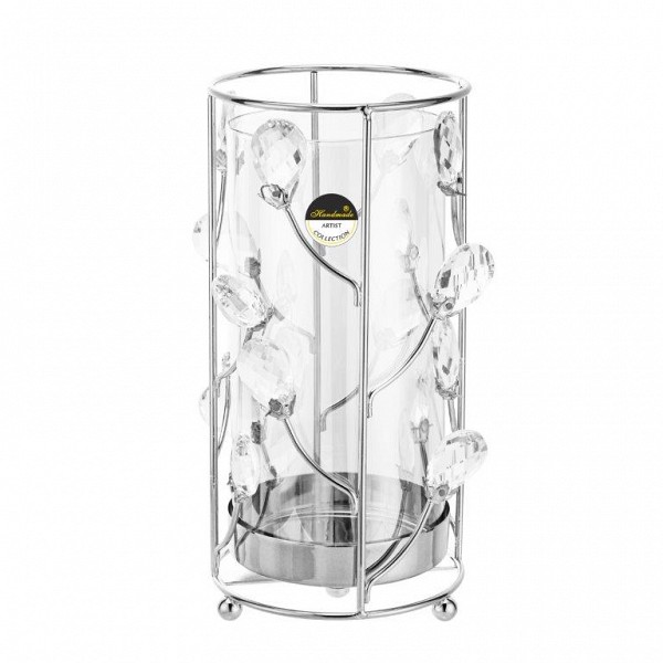 Κηροπήγιο Γυάλινο/ Μέταλλο Με Ασημί Διακοσμητικές Διακλαδώσεις 11.8x11.8x24cm