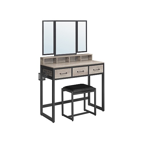 VASAGLE RVT004B02 Τουαλέτα Μακιγιάζ με Τριπλό Καθρέφτη & Σκαμπό, 3 Συρτάρια, Θήκη Σεσουάρ & Δοχείο Αποθήκευσης — Industrial Στυλ, Γκρι / Μαύρο  RVT004B02