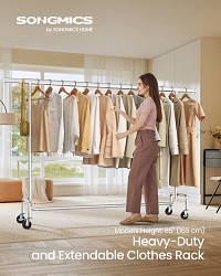 SONGMICS Κρεμάστρα Ρούχων με Ρόδες – Heavy-Duty Ράγα, Επεκτεινόμενη, Αντοχή 110 kg, Χρωμιωμένη, Ασημί HSR176E01