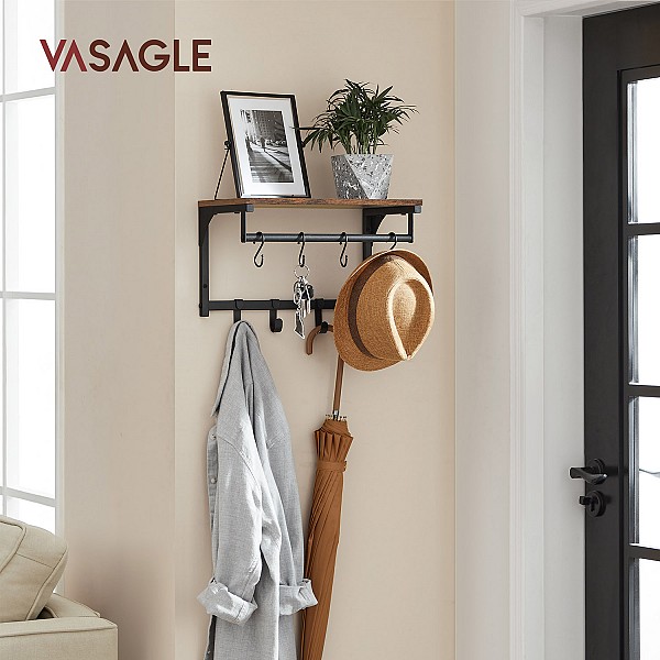 VASAGLE Επιτοίχια Κρεμάστρα με Ράφι & Ράγα Ρούχων – 8 Αποσπώμενοι Γάντζοι, Vintage Καφέ/Μαύρο  LCR103B01
