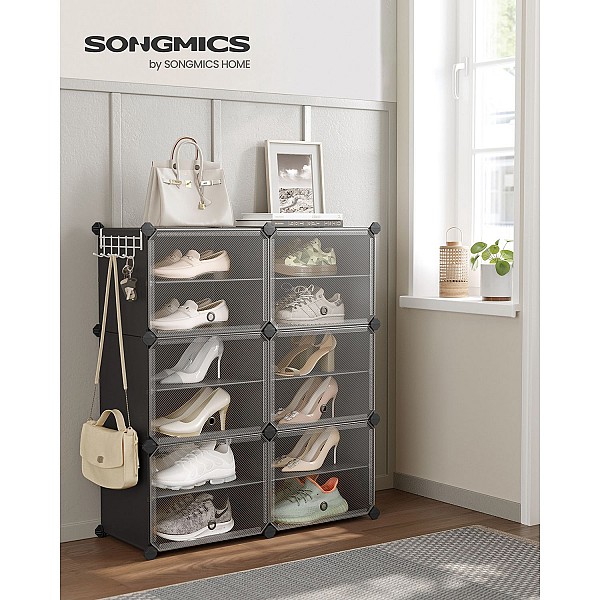 SONGMICS Modular Ντουλάπα Παπουτσιών – Πλαστική  Μ80xΠ30xΥ94cm Στοιβαζόμενη Ραφιέρα με Πόρτες, 6 Θέσεων, Μαύρη LPC033B0