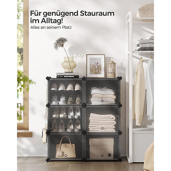 SONGMICS Modular Ντουλάπα Παπουτσιών – Πλαστική  Μ80xΠ30xΥ94cm Στοιβαζόμενη Ραφιέρα με Πόρτες, 6 Θέσεων, Μαύρη LPC033B0