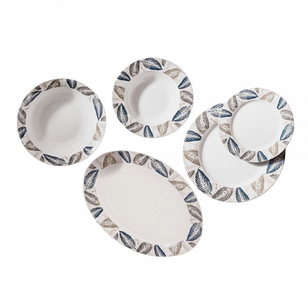 ANKOR Σετ Πιάτων Πορσελάνης 20τμχ με Σχέδιο Πετρόλ & Γκρι Φύλλα , Κομψό & Μοντέρνο R2406-20