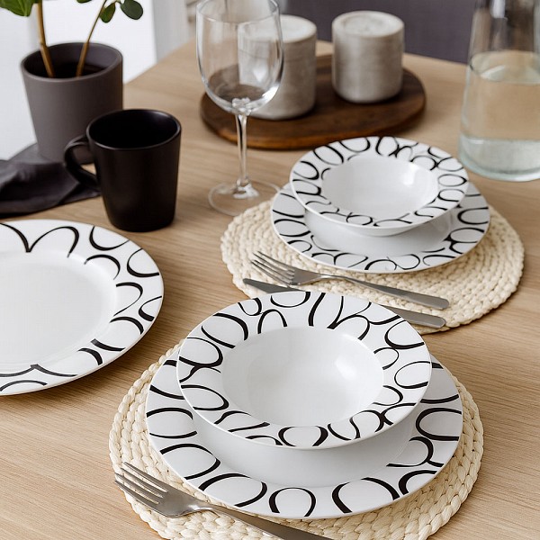 ANKOR Σετ Πιάτων Πορσελάνης 18τμχ με Μαύρο Γεωμετρικό Σχέδιο  Μοντέρνο & Κομψό R2409-18