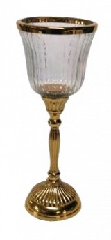 Γυάλινο Κηροπήγιο Με Μεταλλική Χρυσή Ραβδωτή Βάση  11.5x11.5x29cm