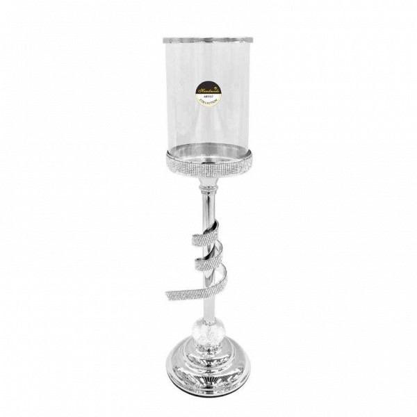 Ψηλό Γυάλινο Κηροπήγιο με Μεταλλικό Ασημί Πόδι & Στρογγυλή Βάση 12x45cm  SI787M