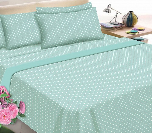 Σεντόνι Φανέλα ΚΟΜΒΟΣ Eμπριμέ Υπέρδιπλο με λάστιχο 160x200+30 & 2 Μαξιλαροθήκες Dots Petrol