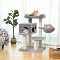 FEANDREA Cat Tree, Cat Tower with XXL Plush Perch, Cat Condo with Adjustable Units, Cat Toys, Extra Thick Posts Completely Wrapped in Sisal, Stable, Beige PCT01W, Light Grey