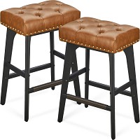 VASAGLE Bar Stools Set of 2, Kitchen Chairs, Faux Leather, Decorative Buttons and Rivets, Solid Wood Legs, 66cm High, Home Bar, Dining Room, Easy Assembly, Coffee Brown LBC085K01