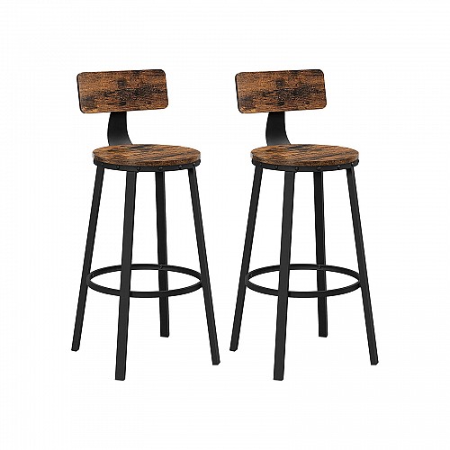 VASAGLE Bar Stools, Kitchen Stools, Set of 2 Tall Bar Chairs with Backrest, Steel Frame, 73 cm High Seat, Easy Assembly, Industrial, Rustic Brown and Black LBC026B01V1