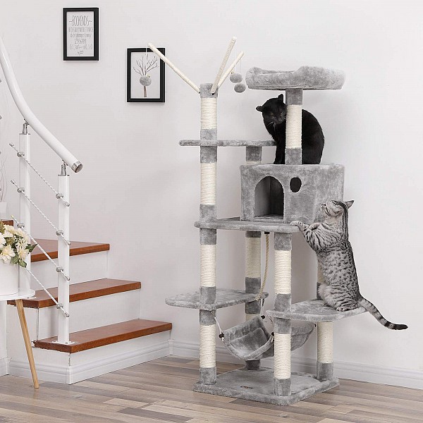FEANDREA Cat Tree, Cat Condo with Hammock, Perch, Cat Tower, Light Grey PCT86W