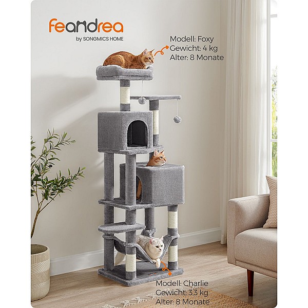 Feandrea Cat Tree, 155 cm Cat Tower for Indoor Cats, Plush Multi-Level Cat Condo with 5 Scratching Posts, 2 Caves, Hammock, 2 Pompoms, Light Grey PCT192W01