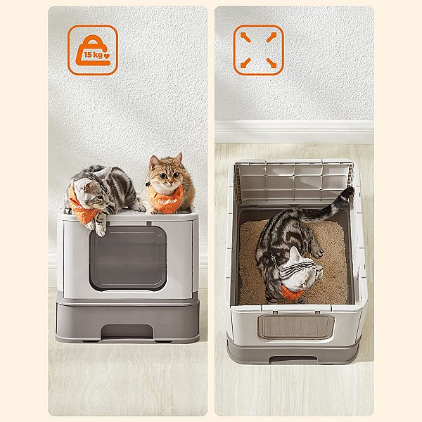 FEANDREA Cat Litter Tray with Lid for Cats up to 15 kg Oatmeal Warm Grey