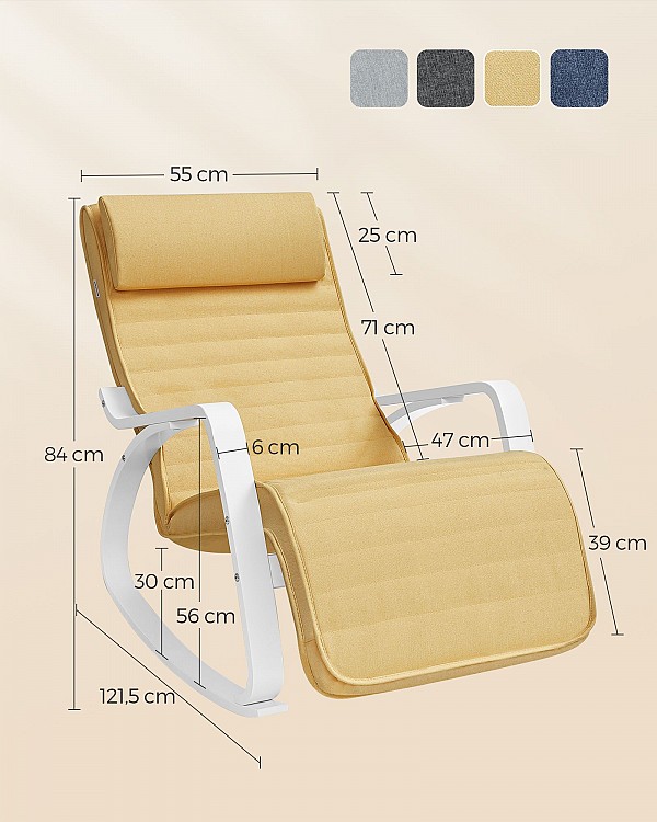 SONGMICS Rocking Chair with Armrests Birch Wood Rocking Chair 5-Way Adjustable Footrest Load 150kg for Bedroom Living Room Pastel Yellow Natural LYY010Y01