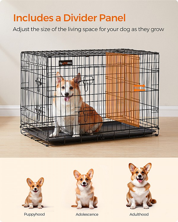 FEANDREA Dog Cage, Dog Crate with 2 Doors, 92.5 x 57.5 x 64 cm, Black PPD36BK